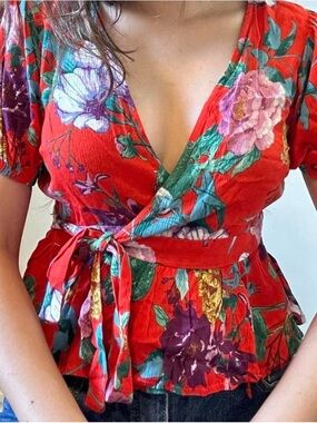 One Clothing Red Floral Wrap Top with Multicolor Blooms